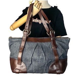 BURBERRY BLUE LABEL Denim Top Zip Shoulder Bag w/ Adj Brown Leather Straps RARE